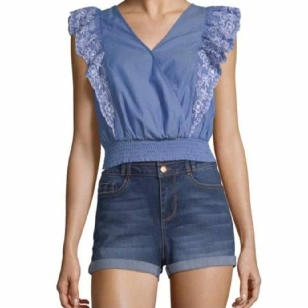Arizona Jean Co Chambray Lace Ruffle Sleeve Smocked Waist Crop Top Blue Women's
